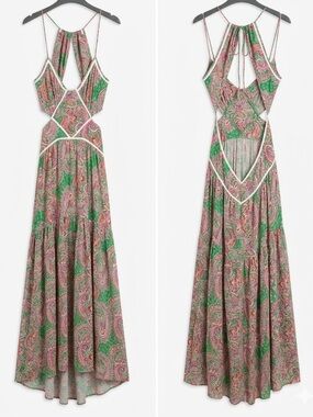 Paisley Cut Out Tie-Back Maxi Dress - Pink & Green